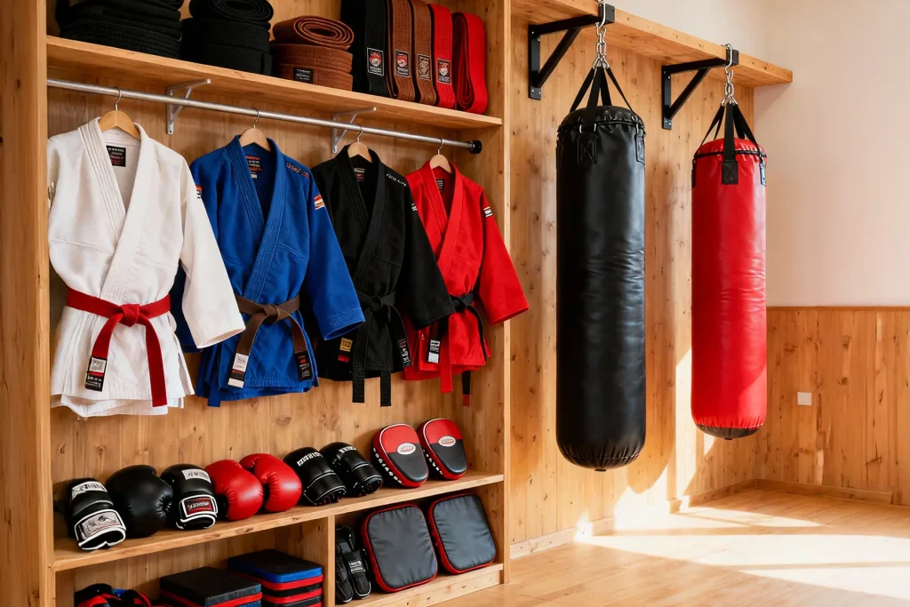 Interior de tienda de artes marciales con equipamiento completo para entrenamientos