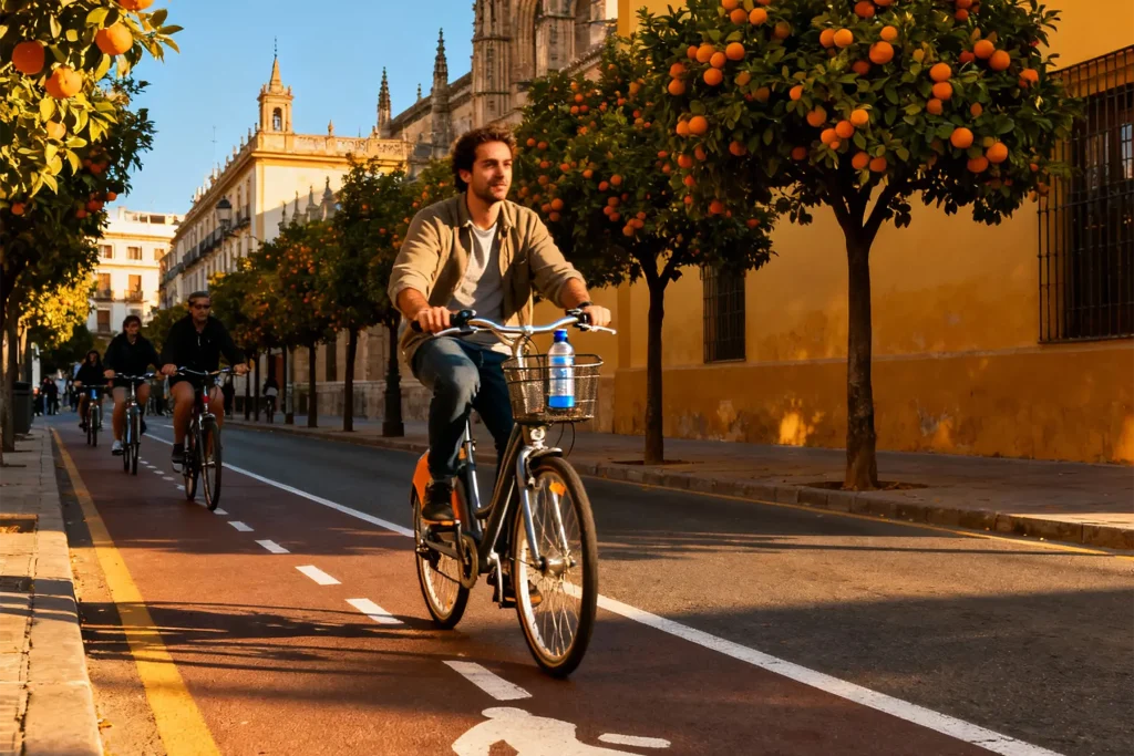 Ciclistas sevillanos disfrutando de los carriles bici de la ciudad en ambiente tranquilo