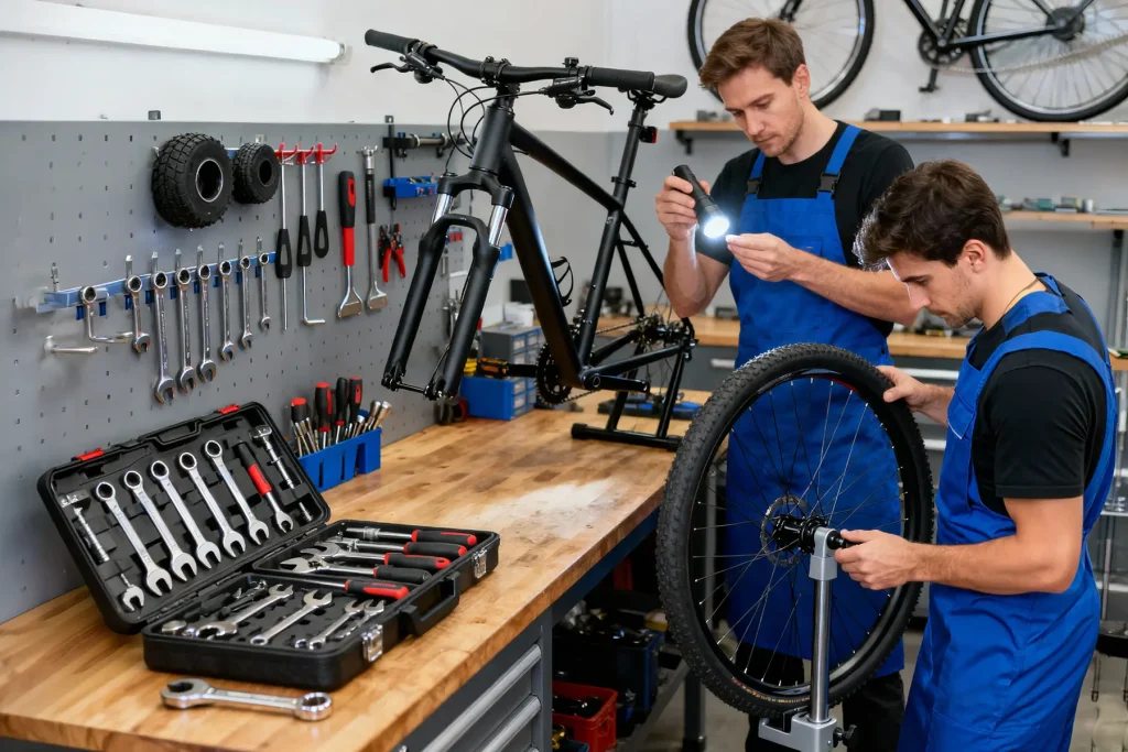 Taller mecánico profesional de bicicletas con herramientas especializadas y servicio experto
