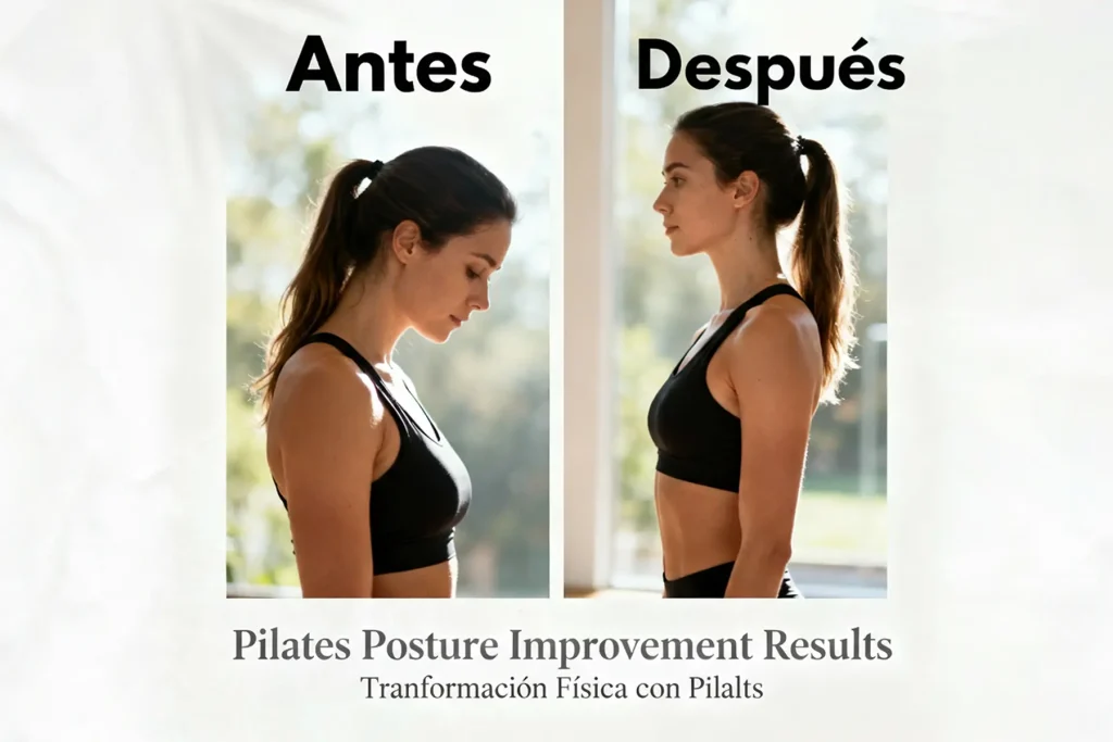 Transformación visible en postura y cuerpo tras practicar pilates consistentemente