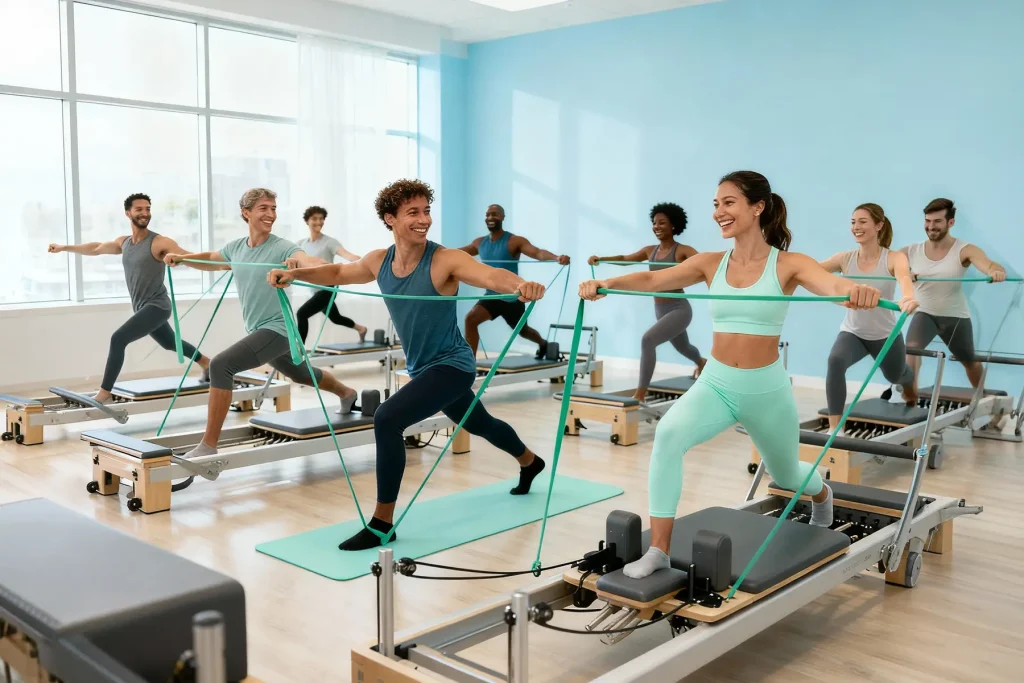 Estudio de pilates profesional con máquinas reformer de última generación y ambiente moderno