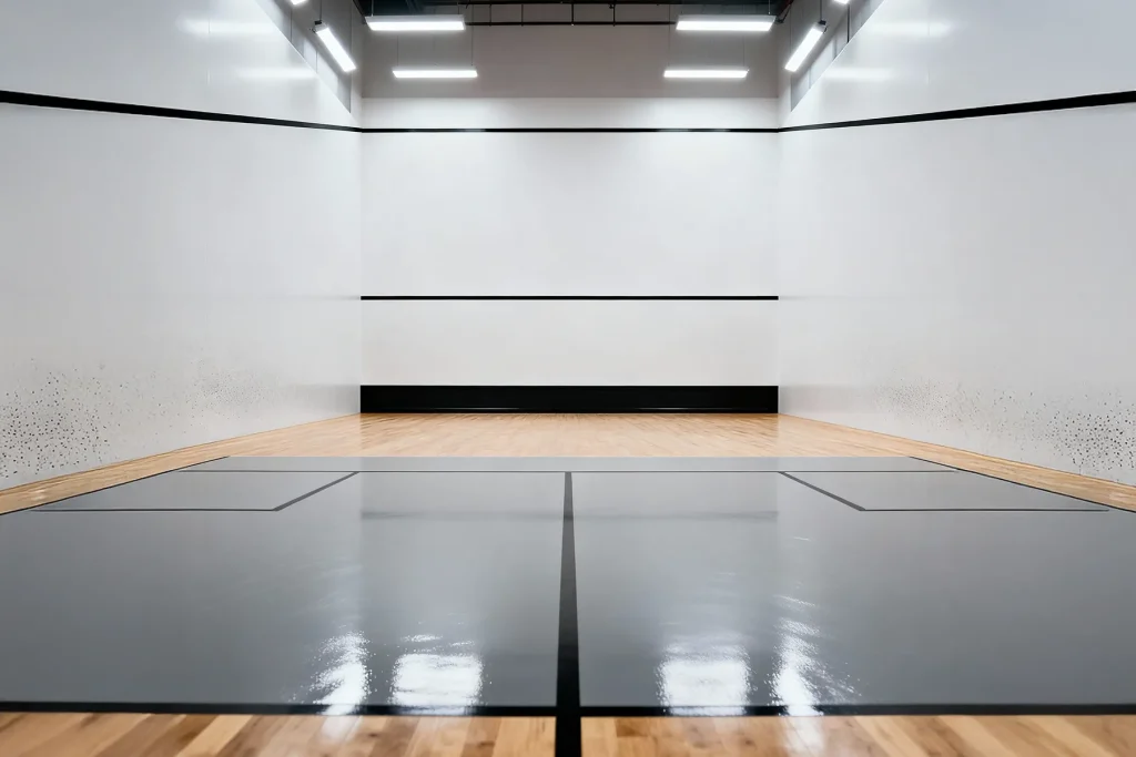 Pista de squash profesional con iluminación moderna y superficie de juego impecable