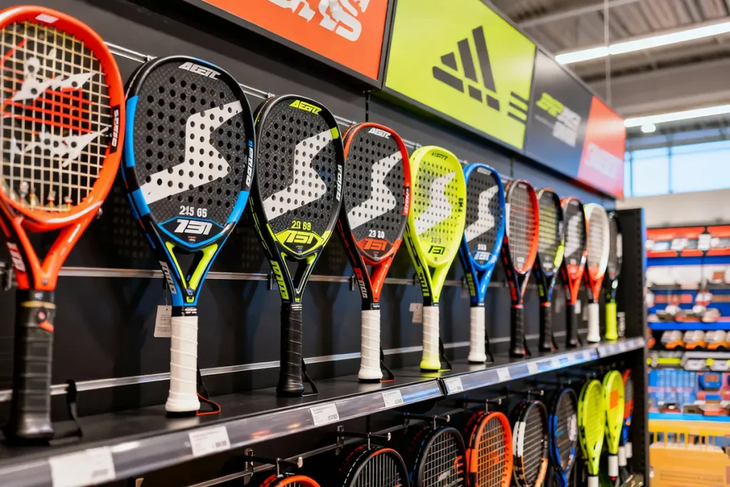 Expositor con variedad de palas de pádel de diferentes marcas y modelos en tienda especializada