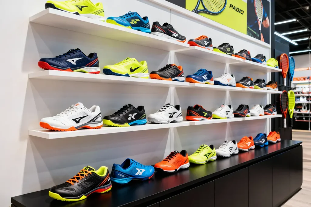 Sección de zapatillas de pádel especializadas en tienda profesional con variedad de marcas