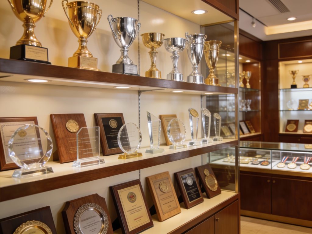 Tienda de trofeos con estantes de copas y medallas profesionales, lista para personalizaciones.