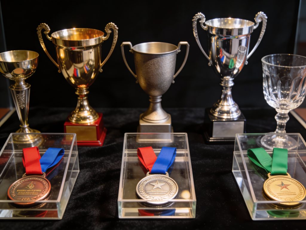 Exposición de trofeos, medallas y copas de diferentes materiales y tamaños.