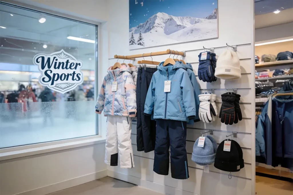 Colección de ropa técnica de esquí femenina e infantil, chaquetas y pantalones impermeables.