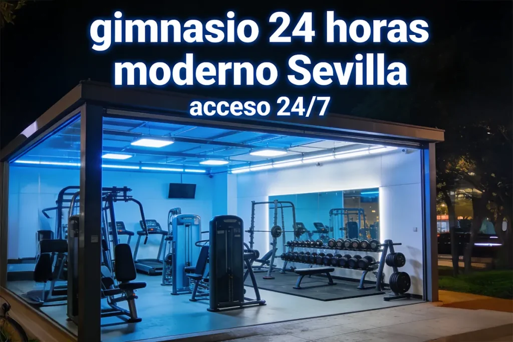 Gimnasio 24 horas moderno con equipamiento profesional e instalaciones nocturnas.