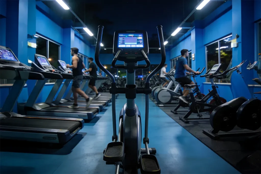 Zona de cardio con cintas de correr, elípticas y bicicletas en gimnasio nocturno.