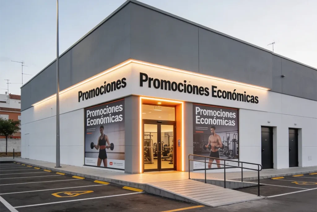 Exterior moderno de gimnasio low-cost en Sevilla, accesible para todos los bolsillos.