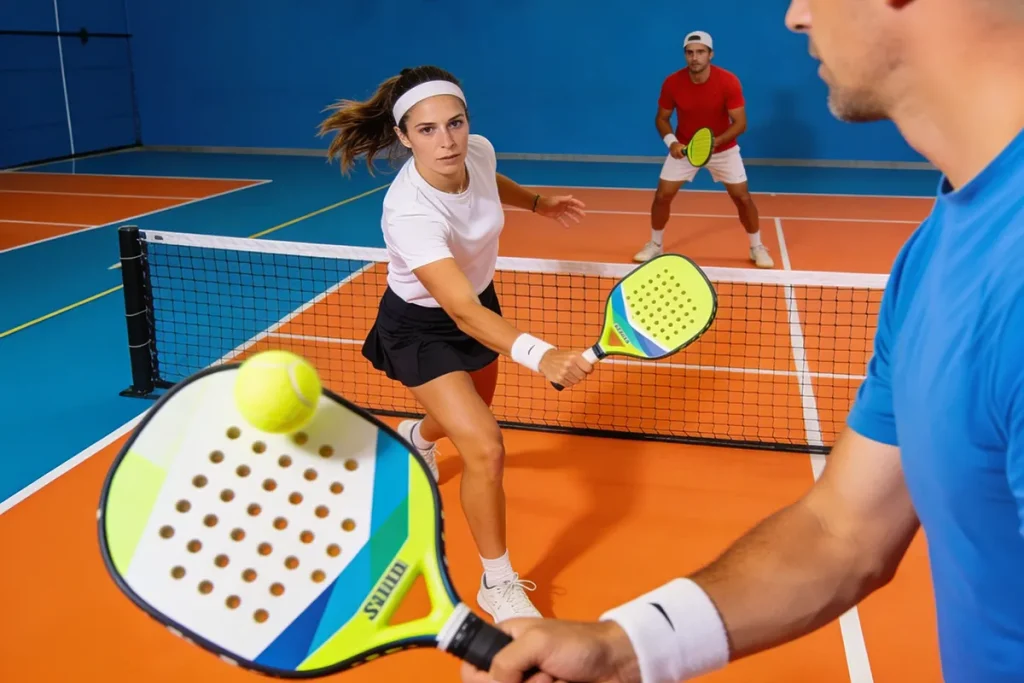Interior club pickleball con pistas indoor profesionales, jugadores en acción.