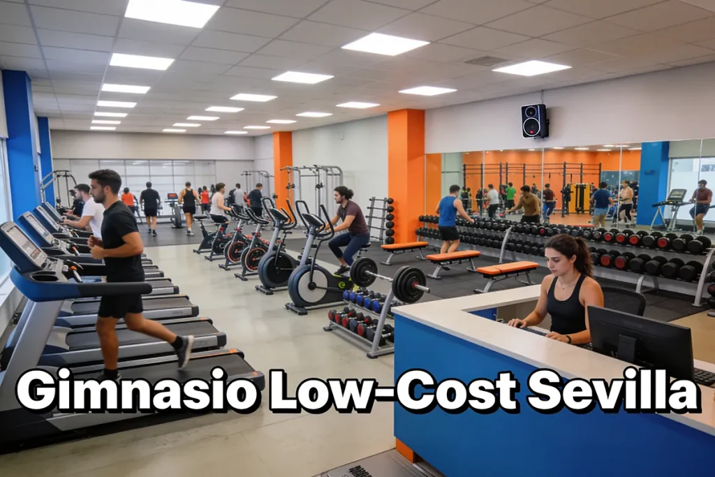 Sala fitness moderna de gimnasio low-cost con máquinas Technogym y zonas funcionales.