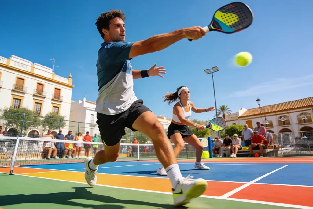 Exterior moderno de club pickleball en Sevilla, pistas profesionales listas para jugar.